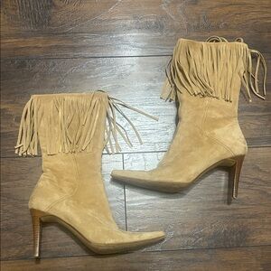 Kenneth Cole New York Beige Fringe Heeled Boots